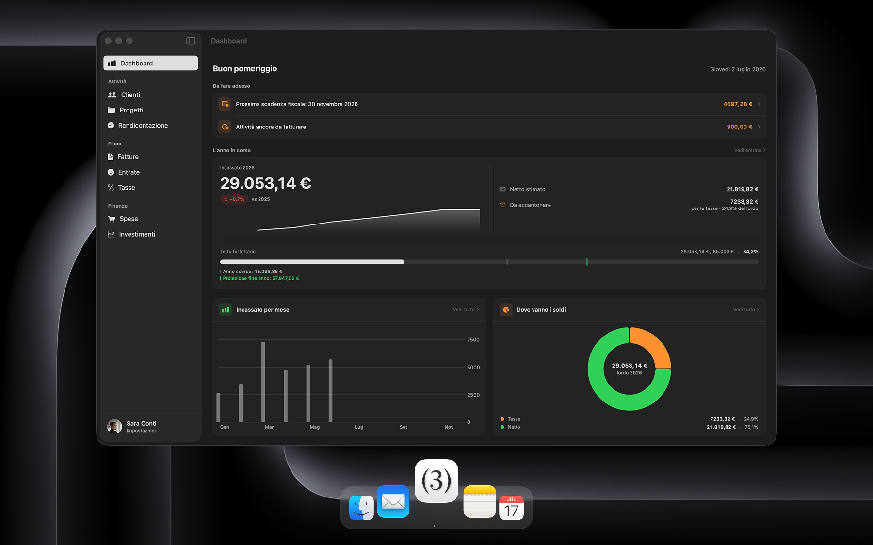 Schermata Dashboard di Lib(3)ro in cornice finestra macOS: panoramica di entrate, tasse da accantonare, ore fatturate e scadenze